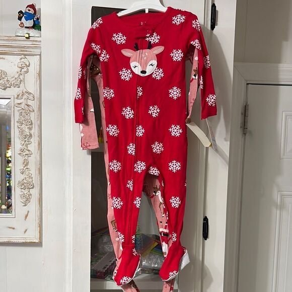 Just One You by Carters Red Reindeer and Santa one piece Footie Pajamas Size 12m - Picture 1 of 7